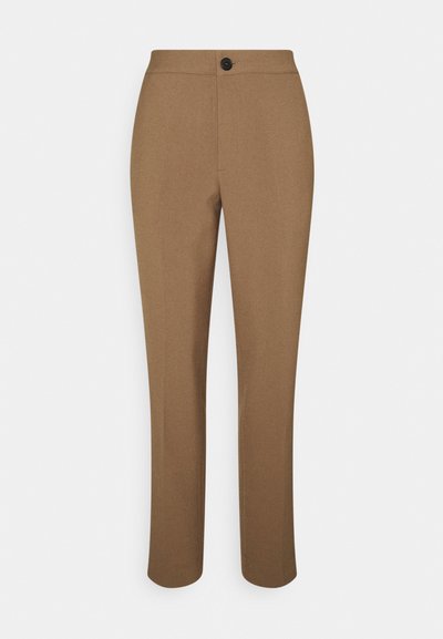 Bruna skräddarsydda byxor med raka ben, slät yta, framknäppning och diskreta sömdetaljer.