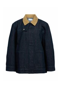 Giacca di jeans blu scuro con colletto in velluto a coste color tabacco. Presenta chiusura con bottoni, due tasche frontali e un design a vestibilità comoda.