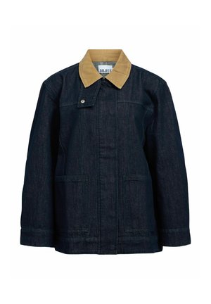 Denimjakke i mørkeblå med en tan kordfløyelskrage. Har knappelukking, to frontlommer og et avslappet design.