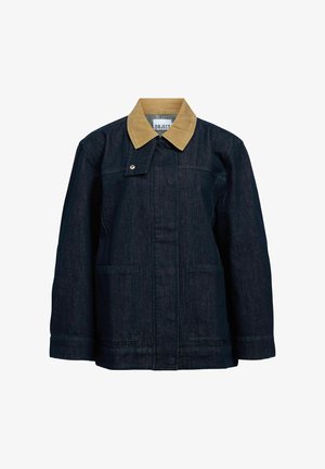 Denim jacket in dark blue with a tan corduroy collar. Features button closure, two front pockets, and a relaxed fit design.
