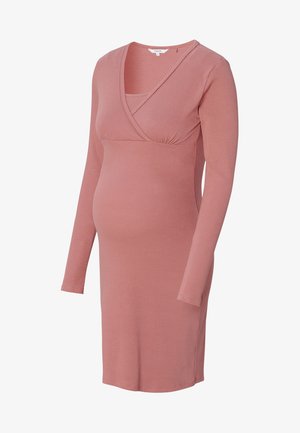 Langärmliges, knielanges Kleid aus weichem, rosa Rippenstoff. Verfügt über einen überkreuzten Ausschnitt und eine figurbetonte Silhouette, die für Schwangerschaftsmode entworfen wurde.