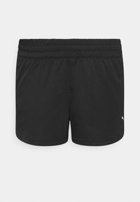 Svarta idrottsshorts med elastisk midja, en liten vit logotyp på höger ben och en enkel, slät tygdesign.