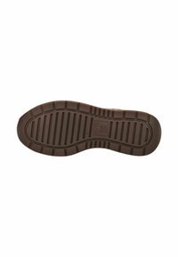 Suola di scarpa in gomma marrone con superficie testurizzata, caratterizzata da scanalature orizzontali e verticali per una maggiore aderenza. Nome del marchio chiaramente visibile.