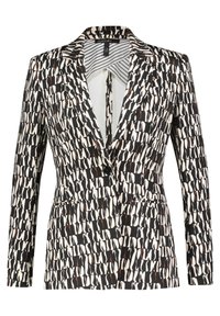 Blazer multicolor con un patrón abstracto en negro, blanco y naranja, con cuello con muesca y un cierre de un solo botón.