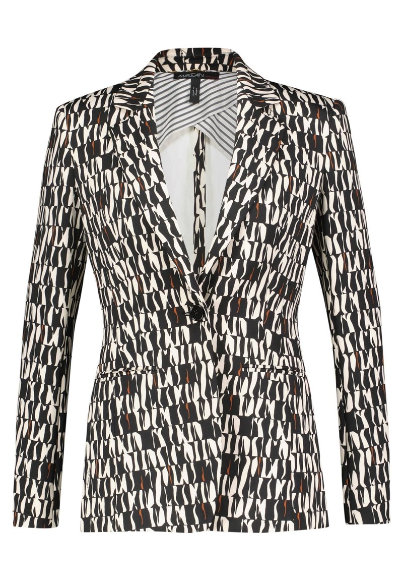 Blazer multicolor con un patrón abstracto en negro, blanco y naranja, con cuello con muesca y un cierre de un solo botón.