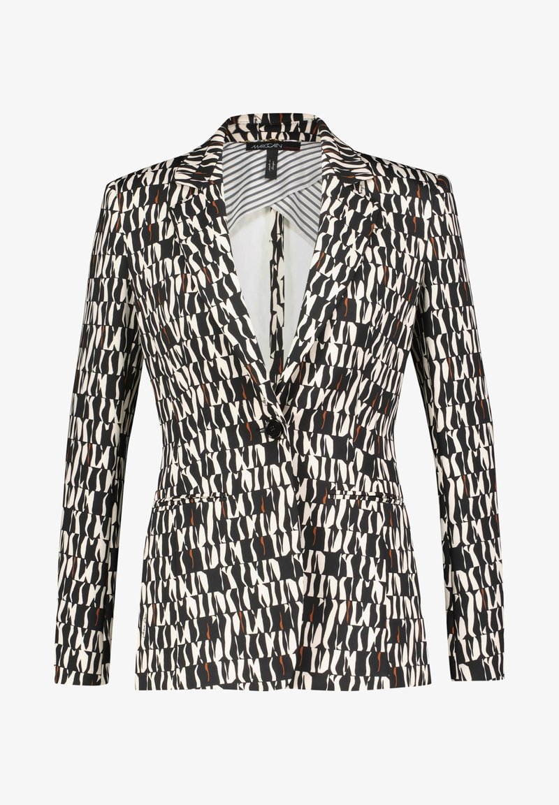 Multicolored blazer featuring a black, white, and orange abstract pattern, with a notched collar and a single button closure.