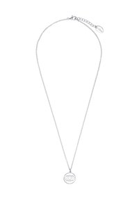 Collana d'argento con una catena delicata e un pendente circolare caratterizzato da un design intrecciato. Il pendente ha una finitura lucida e una texture sottile.