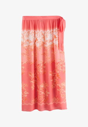 Gonna midi rosa corallo con motivi floreali e uccelli in tonalità più chiare, caratterizzata da una vita arricciata e un dettaglio con fiocco laterale.