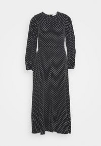 Černé dlouhé šaty s rukávy, kulatým výstřihem, selišťovacím pasem a bílým motivem puntíku. Tkanina má hladkou strukturu a mírný lesk.