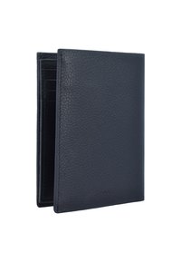 Granatowy skórzany portfel o teksturowanym wykończeniu, z wieloma miejscami na karty oraz smukłym, składanym designem. Brak widocznych metalowych elementów lub akcentów.