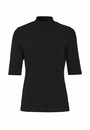 Schwarzes Mockneck-Oberteil aus geripptem Stoff mit kurzen Ärmeln und figurbetonter Silhouette. Die Textur ist glatt mit leichtem Stretch.
