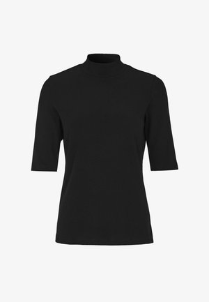 Schwarzes Mockneck-Oberteil aus geripptem Stoff mit kurzen Ärmeln und figurbetonter Silhouette. Die Textur ist glatt mit leichtem Stretch.