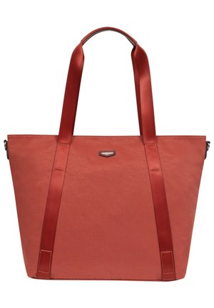 Borsa tote rossa con ampie manici in tessuto, forma rettangolare, superficie liscia e dettagli di branding discreti sul davanti.