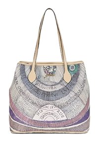 Tote-Bag mit einem bedruckten Design von kreisförmigen Mustern in Lila, Pink und Blau, beigen Griffen und einer strukturierten Stoffoberfläche.