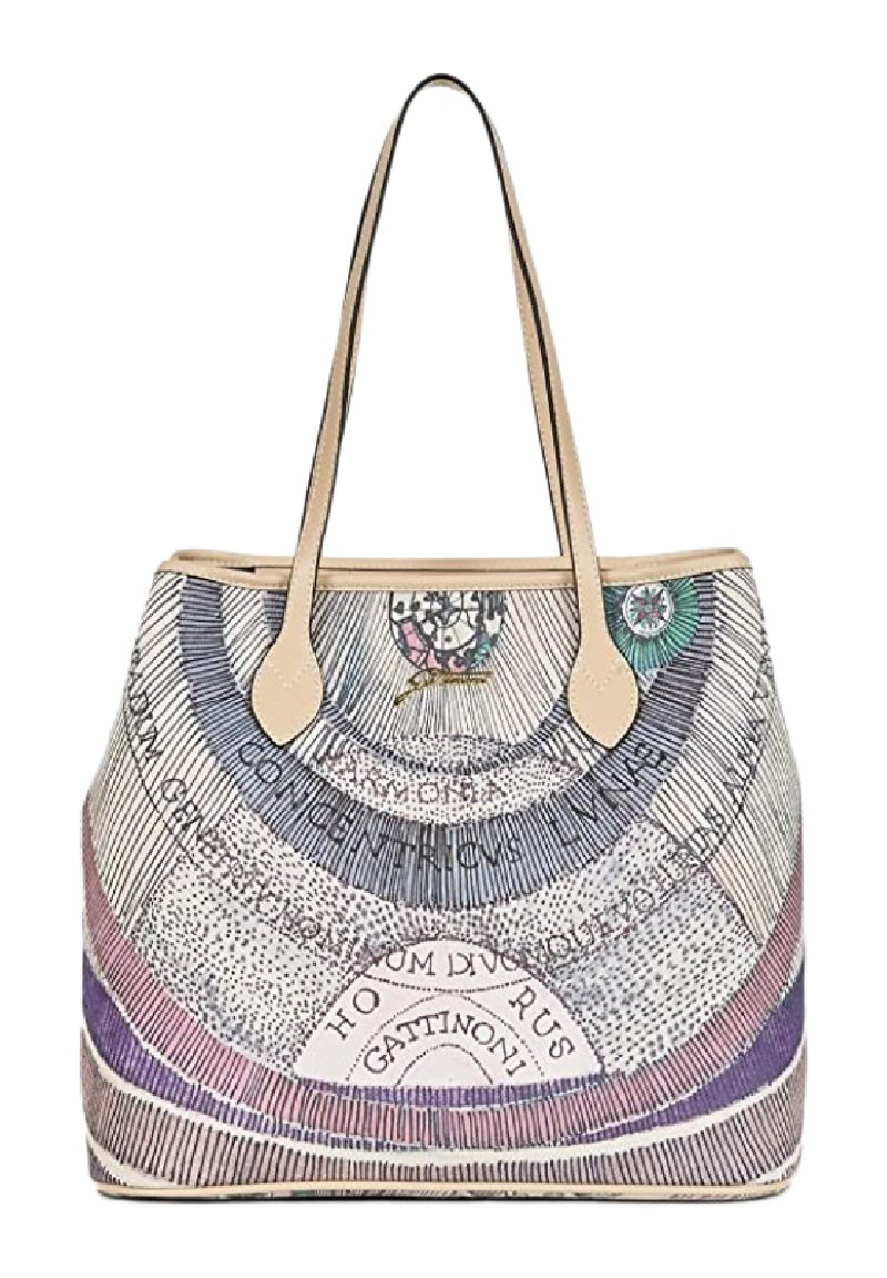 Tote-Bag mit einem bedruckten Design von kreisförmigen Mustern in Lila, Pink und Blau, beigen Griffen und einer strukturierten Stoffoberfläche.