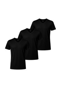 Drie zwarte v-hals t-shirts gemaakt van een glad, lichtgewicht stof. Elk shirt heeft korte mouwen en een klassieke pasvorm.