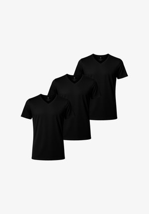 Drei schwarze V-Ausschnitt-T-Shirts aus einem glatten, leichten Stoff. Jedes Shirt hat kurze Ärmel und eine klassische Passform.