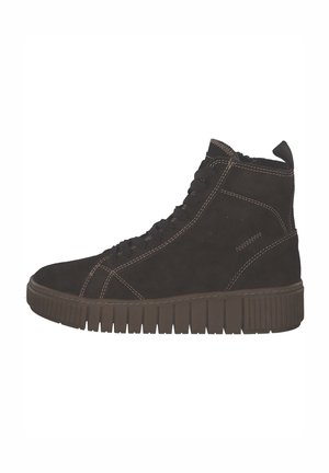 Baskets montantes en daim noir avec une semelle en caoutchouc texturée, dotées de lacets ronds et de coutures contrastantes sur les côtés.