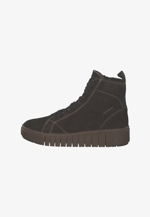 Zapatillas altas de ante negro con una suela de goma texturizada, que presentan cordones redondos y costuras en contraste en los laterales.