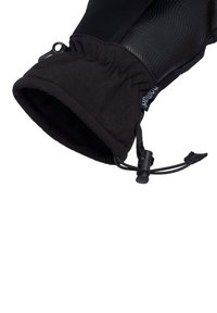 Zwarte handschoenmanchet met een zachte binnenvoering, textuur buitenstof en elastische fronsing. Inclusief een trekkoord met een stopper voor aanpassing.