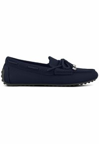 Marineblaue Stoffbootsschuhe mit strukturiertem Obermaterial, runder Zehenpartie und dekorativen Schnürsenkeln. Mit einer Gummisohle, die kleine Profilpunkte aufweist.