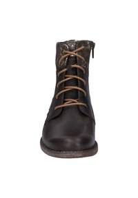 Brown leather ankle boot with a rounded toe, featuring a textured collar, lace-up front, and side zipper. Durable rubber sole.