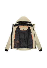 Giacca a vento beige con fodera nera, caratterizzata da un logo arancione all'interno e dettagli di design, inclusi tasche funzionali e zip.