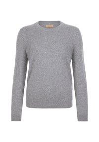 Jasnoszary sweter wykonany z miękkiej tkaniny, z okrągłym dekoltem, długimi rękawami i gładką, jednolitą fakturą bez wzorów.