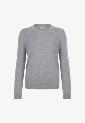 Jasnoszary sweter wykonany z miękkiej tkaniny, z okrągłym dekoltem, długimi rękawami i gładką, jednolitą fakturą bez wzorów.