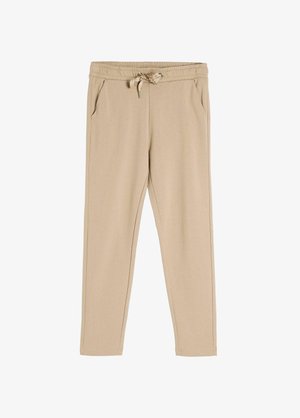 Khaki joggery wykonane z miękkiego materiału, z elastycznym pasem, sznurkiem do regulacji i bocznymi kieszeniami; zwężające się nogawki.