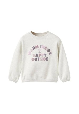 Sweatshirt pour enfants gris clair avec des poignets et un col côtelés, arborant un texte en relief violet "Chaud à l'intérieur, Heureux à l'extérieur" et un petit motif de fleur.