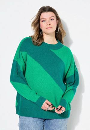 Groene gebreide trui met diagonale strepen in verschillende tinten groen. Lange mouwen, ribgebreide manchetten en een losse pasvorm. Gestructureerde stof.