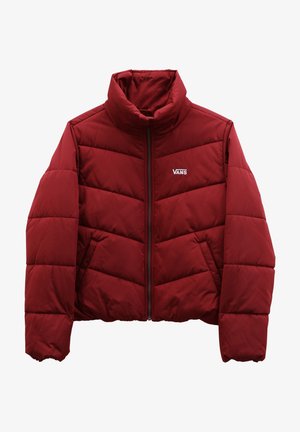 Doudoune rouge à col montant, fermeture éclair sur le devant, surpiqûres en diagonale, poches latérales et petit logo Vans blanc sur la poitrine gauche.