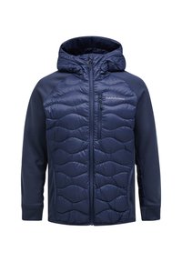Navy blue puffer jacket with a hood, featuring a quilted design on the front, zippered chest pocket, and contrasting soft fabric sleeves.