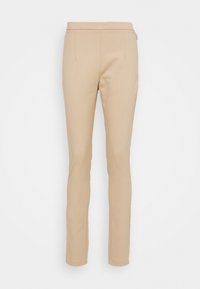 Beżowe spodnie slim-fit wykonane z gładkiego materiału, z płaskim przodem, dwoma przednimi kieszeniami i prostym wykończeniem paska.