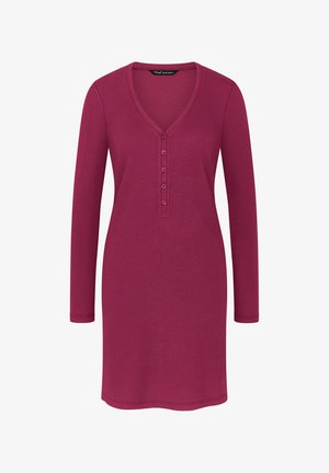 Long-sleeve dress in rich magenta with a V-neckline and six-button placket. Fabric is ribbed for texture, soft, and fitted through the bodice.
