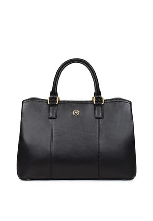 Borsa a mano in pelle nera con doppi manici, parti metalliche dorate e un piccolo emblema circolare dorato centrato vicino alla parte superiore.