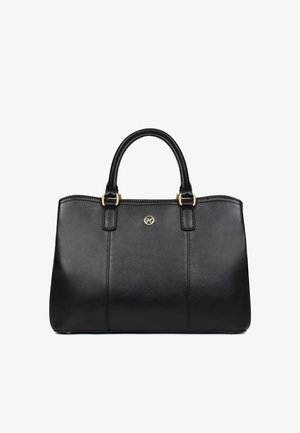 Zwarte leren handtas met dubbele handvatten, gouden hardware en een klein rond gouden embleem gecentreerd dicht bij de bovenzijde.