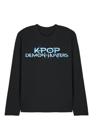 Black long-sleeve shirt with shiny blue text "K-POP DEMON HUNTERS" centered on the front in stylized font.