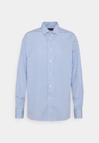 Striped button-up shirt in light blue and white, featuring a classic collar, long sleeves, and contrasting striped cuffs.