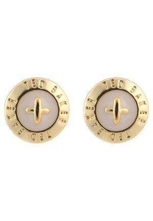 Boutons de manchette ronds dorés et blancs Ted Baker avec une barre dorée centrale et le nom de la marque gravé autour du bord extérieur.