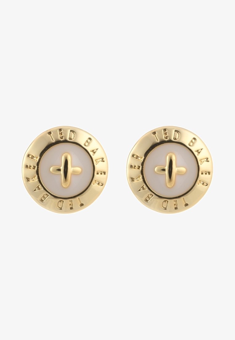 Boutons de manchette ronds dorés et blancs Ted Baker avec une barre dorée centrale et le nom de la marque gravé autour du bord extérieur.