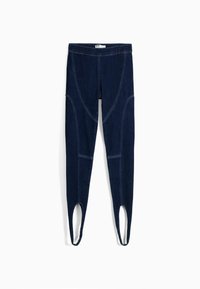Tummansininen denim-lahkeinen leggingit, joissa on sileä pinta, nilkoissa leikkauksia, pyöristetyt saumat ja korkealla vyötäröllä oleva muotoilu.
