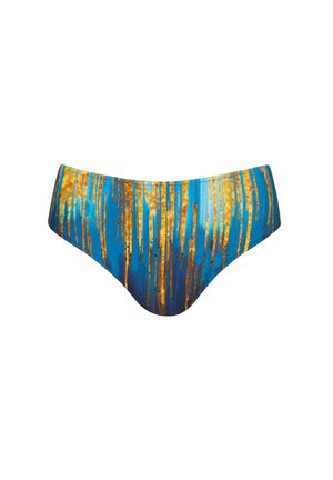 Niebieskie majtki bikini z pionowymi paskami w odcieniach złota i pomarańczy, o gładkiej fakturze i niskim kroju.