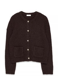 Browns krāsas teksturēts adīts kardigans ar apaļu izgriezumu, ar pogu aizdari un divām priekšējām kabatām. Akcenti ar spirālveida rakstu pogām.