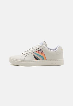 White leather sneaker with colorful wavy striped pattern on the side, round toe, lace-up design, and padded collar with branding on heel.
