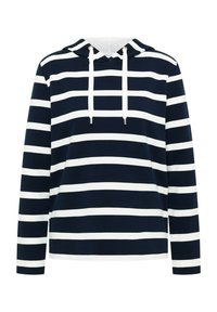 Sweat à capuche bleu marine avec des rayures horizontales blanches, cordon de serrage ajustable, manches longues et une texture douce. Présente une coupe décontractée.