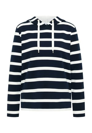 Sweat à capuche bleu marine avec des rayures horizontales blanches, cordon de serrage ajustable, manches longues et une texture douce. Présente une coupe décontractée.