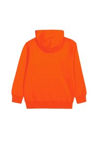 Felpa con cappuccio di un brillante arancione, realizzata in morbido cotone, con maniche lunghe e orlo a coste. Nessun motivo o accessorio visibile.