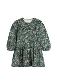 Vestido floral en verde con patrones en rosa y blanco. Mangas largas, cuello redondo, abotonado en la parte delantera y cintura ajustada con falda acampanada.